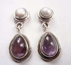 Amethyst Cultured Pearl 925 Sterling Silver Stud Earrings w/ Grooved Accents - £13.66 GBP