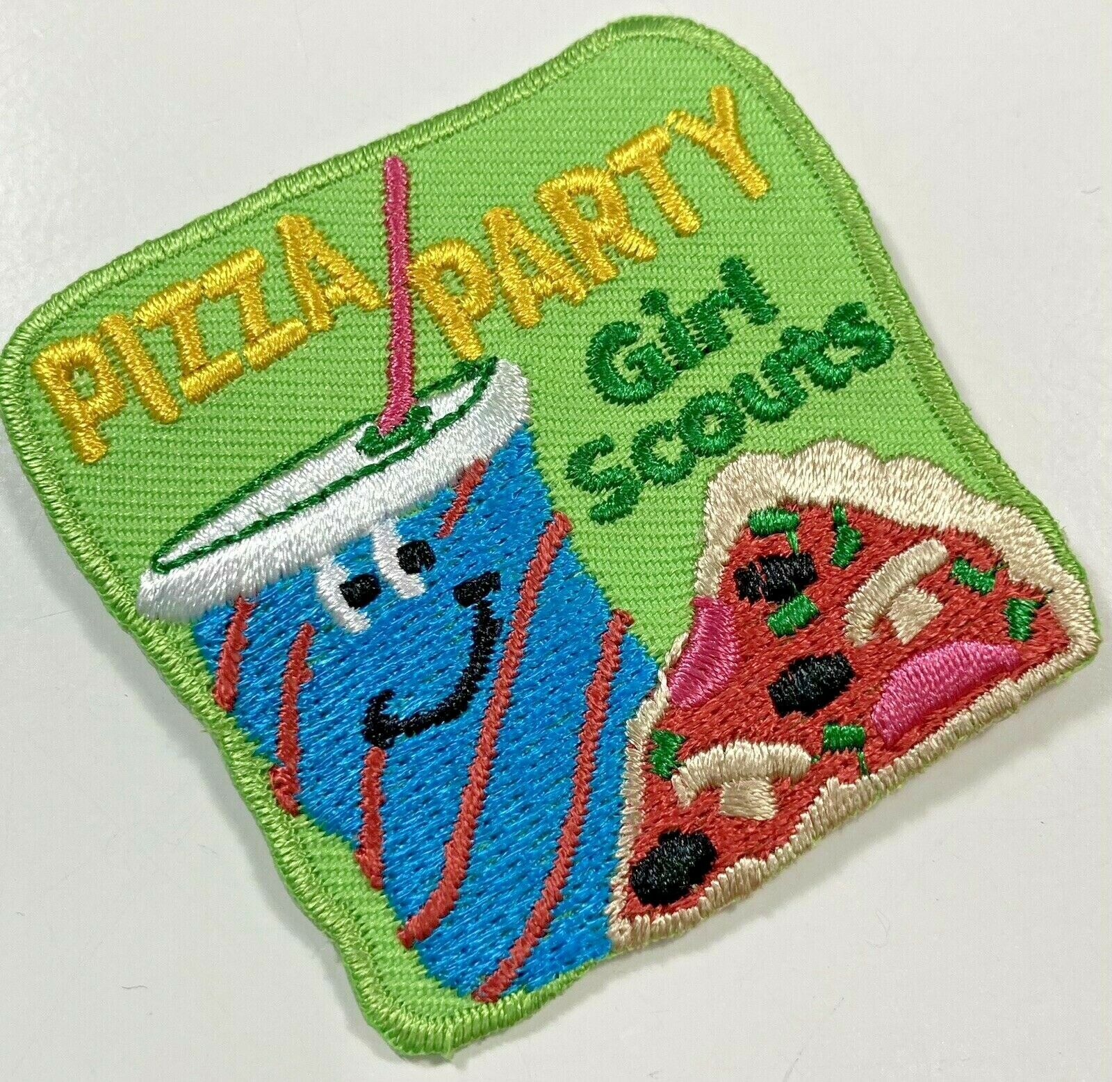 Girl Scouts Pizza Party Junior Iron-on Patch Badge Square Green Blue Sod... - $1.48