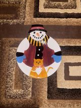 Christmas Holiday Ceramic Country Round Snowman &amp; Cat Plate dish trinket... - $12.38