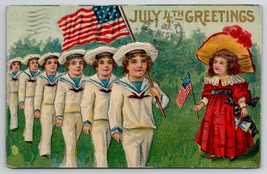 July 4th Greetings Pretty Girl With Doll Watches Sailor Boys Postcard N26 - £10.35 GBP