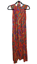 Vintage 1970&#39;s Handmade Sleeveless Belted Maxi Dress Bold Vibrant Paisley   - $69.99