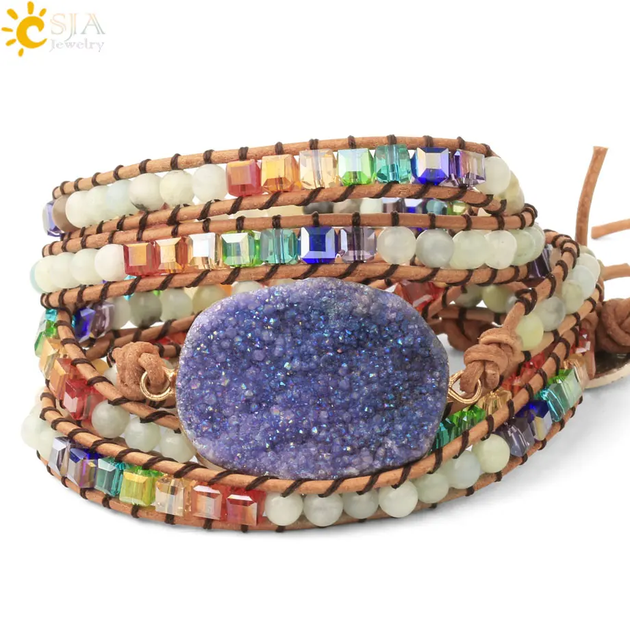 Natural Stone Multilayer Wrap Leather Girl Bracelets Bangles Purple Druzy Quartz - £27.62 GBP
