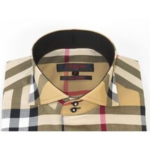 Men's AXXESS Turkey English Plaid Shirt 100% Soft Cotton High Collar 120-09 Tan image 7