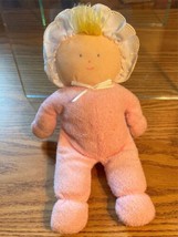 Eden Baby Doll Girl Pink Terry Cloth Blonde Yarn Hair Bonnet Lovey Plush VTG - $46.58