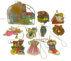 Mosaic Stained Glass Christmas Ornament Suncatchers Plastic Vintage Lot of 10  - $36.49