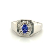 Vintage Sterling Signed D&#39;Joy Oval Tanzanite with Halo Zircon Stone Ring Band 12 - £42.81 GBP