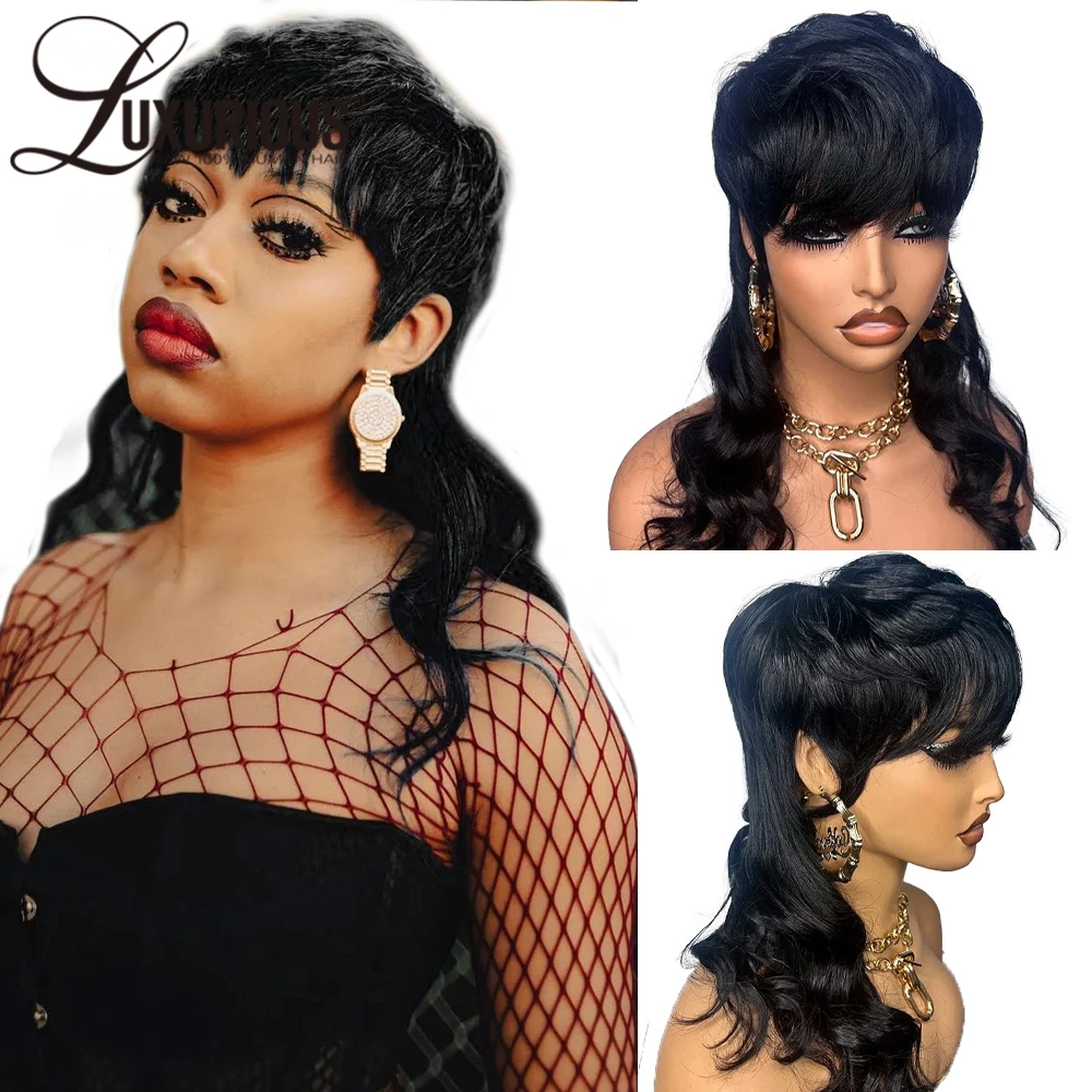 Body Wave Short Pixie Mullet Cut Remy Human Hair Wig Dovetail Straight Fu - £50.10 GBP+