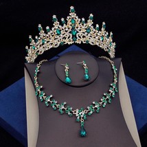 Green Crystal Bridal Jewelry Sets for Women Tiaras Earrings Necklace Crown Weddi - £34.98 GBP