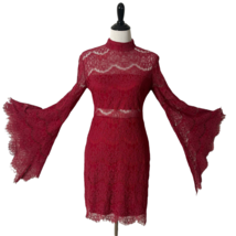 Lulu&#39;s Floral Lace Red Short Dress Wide Flare Bell Sleeves Sheer Women&#39;s... - £31.14 GBP