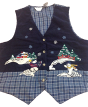 Christmas Vest Womens Size L Lg Embroidered Skating bears Navy and Plaid New - £28.76 GBP