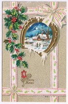 Holiday Postcard Embossed Christmas Merry Xmas Horseshoe Mistletoe Farm Scene - £2.31 GBP