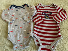 2 Boys Gray Red Striped Football Firetrucks Long Sleeve One Pieces 6 Months - $4.90