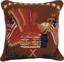 Throw Pillow Petit Point Eagle with Flag Bird 16x16 Red White Gold Taupe Beige - $209.00
