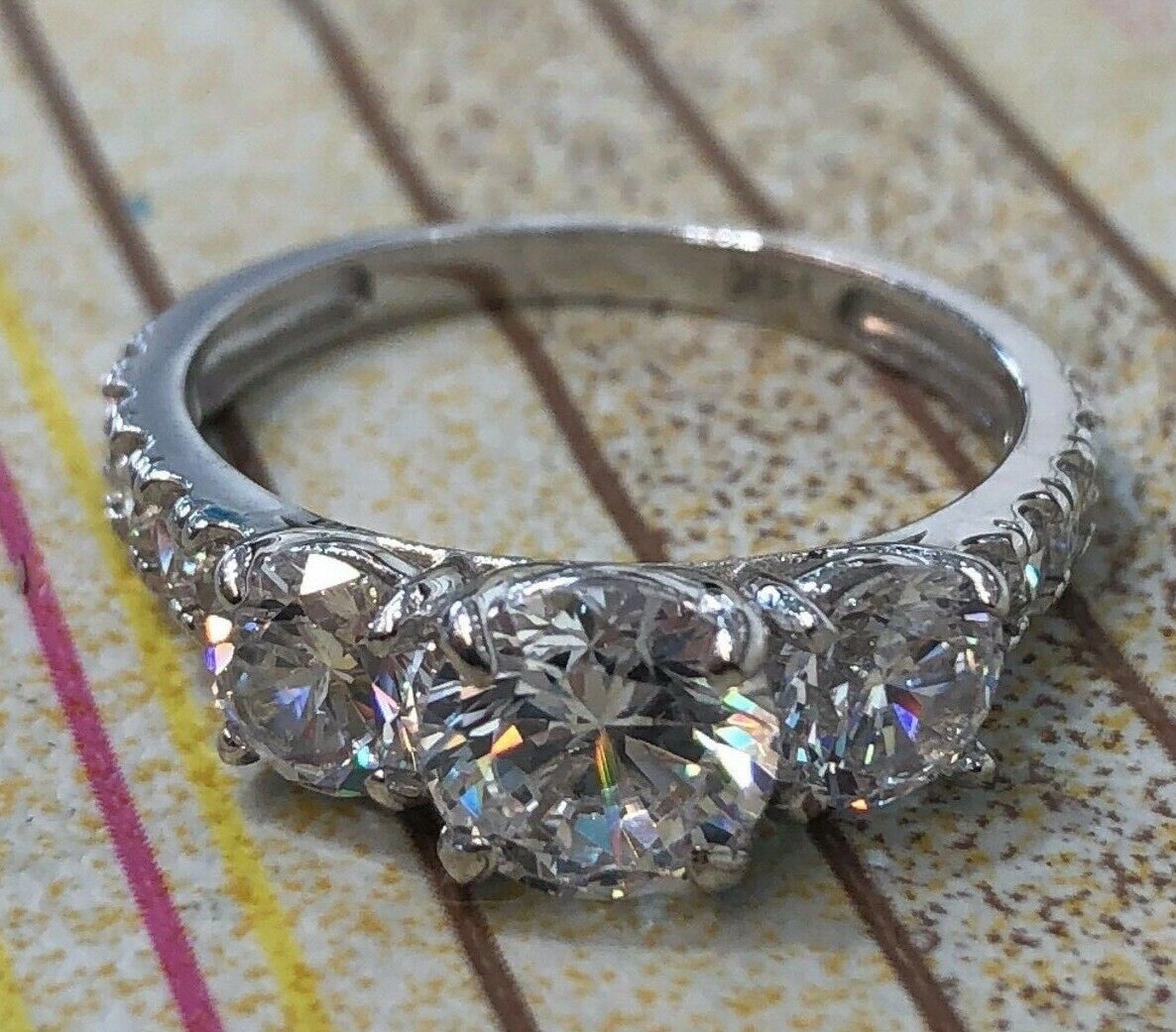 2.5Ct Created Diamond 14K White Or Yellow Gold Three Stone Engagement Ring - £200.65 GBP