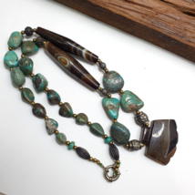 Antique Himalayan Tibetan Suleimani Eye Agate, Turquoise Amulet Beads Necklace - £268.49 GBP
