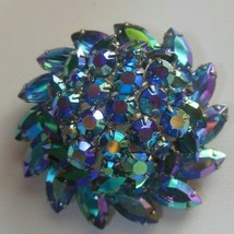 vintage iridescent blue Rhinestone Layered Filigree dome brooch - £58.05 GBP