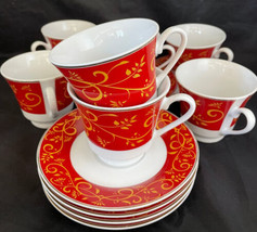Chris Madden Montalira Cups &amp; Saucers  RED White Porcelain 14 PC Set - £30.66 GBP