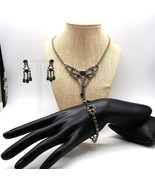 Vtg Silver Tone Necklace Bracelet Earrings Parure Clear &amp; Emerald Rhines... - €78,91 EUR