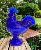 Vintage Cobalt Blue Glass Standing Rooster Figural Candy Dish Box 8.5&quot; H - £30.79 GBP