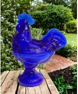 Vintage Cobalt Blue Glass Standing Rooster Figural Candy Dish Box 8.5" H - $38.61