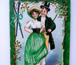 St Patricks Day Postcard Old Erin Gold Shamrocks Man Lady Ireland 1912 S... - £13.15 GBP