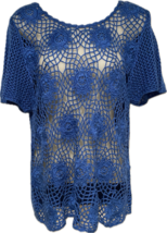Vintage Royal Blue Crochet Knit Short Sleeve Sweater Top-Size S - £30.67 GBP