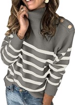 Asvivid Woman&#39;s Gray Striped Turtleneck Button Knit Sweater - Size: L (1... - £15.44 GBP