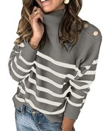 Asvivid Woman&#39;s Gray Striped Turtleneck Button Knit Sweater - Size: L (1... - £15.20 GBP