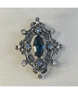 Vintage Blue Marquise &amp; Clear Stones Cut Out Antique Silver Tone Brooch Pin - $24.99