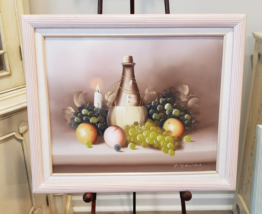 Still Life Oil Painting on Canvas in Pink Wood Frame SIGNED Y. Young Fruit Wine - £59.21 GBP