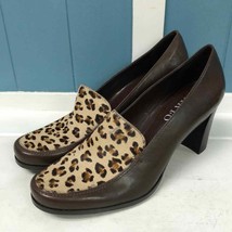 Franco Sarto brown leather animal print block heel loafers shoes ladies 8.5 - £31.10 GBP