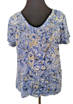 Rafaella Pullover Top Women&#39;s Sie XL Blue White Tan Boho Floral Short Sleeves - £9.46 GBP