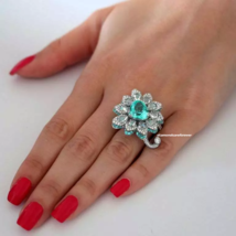 Flawless Paraiba Tourmaline With Sparkling Cubic Zirconia 9.15TCW Flower Ring - $700.27