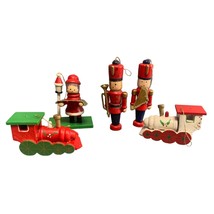 Vintage Wooden Christmas Ornaments Set—Soldier Girl Trains—Hand-Painted ... - $7.88