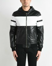 Mens Black Leather Jacket Biker Moto Leather Jacket with Hoodie S M L XL... - £85.28 GBP+