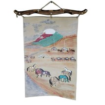 Western Painted Leather Hanging Artwork Carved Wood Horses Cowboy Camel ... - $279.25