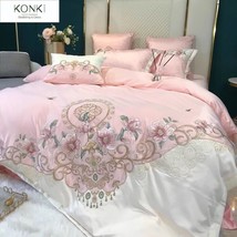 Pastoral Flower Embroidery 100% Cotton 4pc Duvet Cover Set Bedding Set Blue Pink - £130.51 GBP+