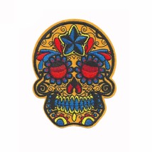 Sugar Skull Iron On Patch 4&quot; Embroidered Applique Yellow Blue Day Of The Dead - $4.95