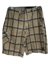 Hurley Brown Plaid Lace Up Board Shorts Swim Trunks 32&quot; Pocket Lightweight Logo - £11.67 GBP