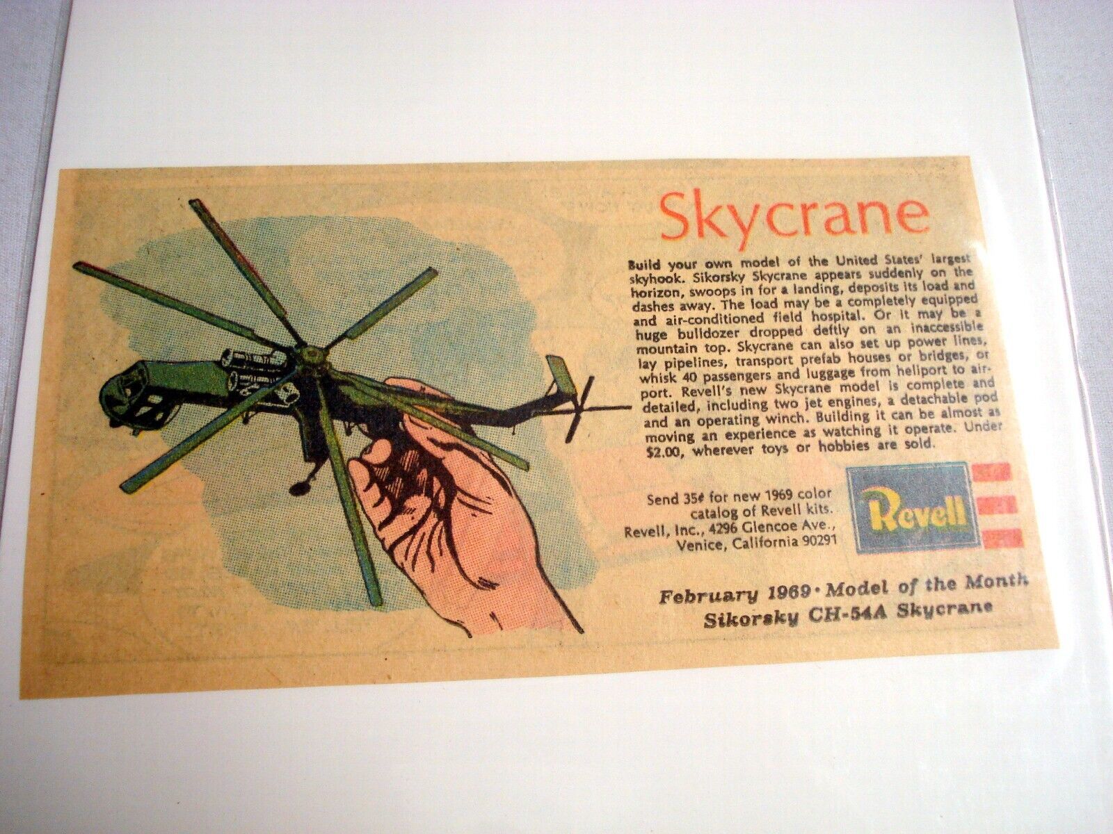 Primary image for 1969 Color Ad Revell Model Sikorsky CH-54A Skycrane Helicopter