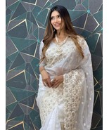 White Colour Soft organza Silk Heavy Embroidery And Pearl Work Party Wea... - $95.00
