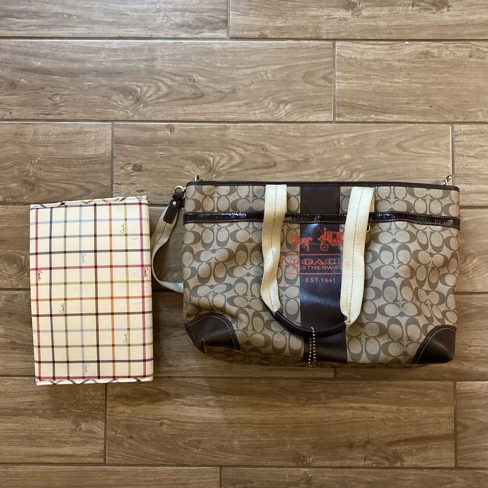 Coach Womens heritage stripe diaper bag signature tote Brown Dual Handle Leather - $65.00