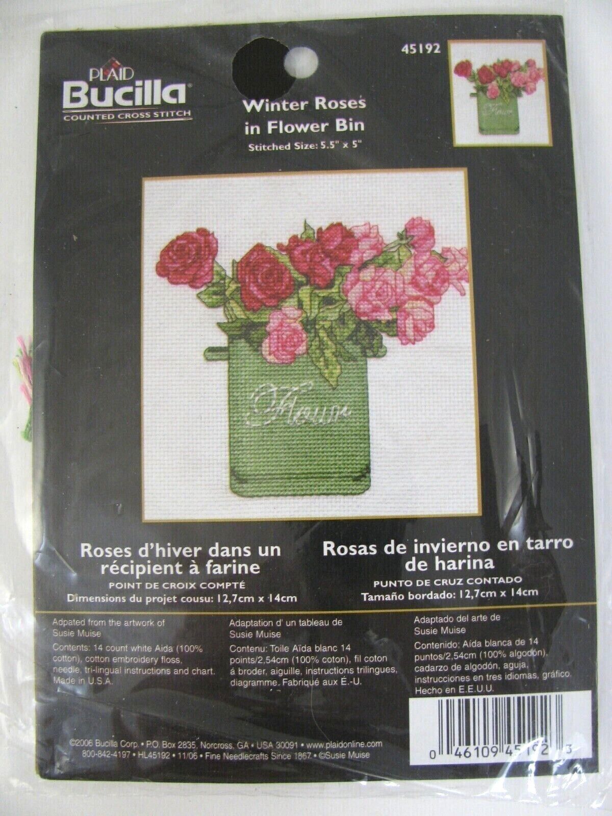 Plaid BUCILLA Counted Cross Stitch 45192 Winter Roses In Flower Bin 5.5 x 5 vtg - $13.86