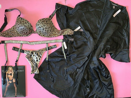 Victoria&#39;s Secret 34B,34C,34DD,34DDD Bra Set+Garter+Robe Black Beige Shine Strap - £134.21 GBP