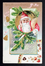 Loving Christmas Greetings Santa Evergreens Nuts Apples Tuck Postcard c1907 - £10.19 GBP