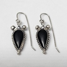 Unmarked 925 Sterling Silver Vintage Bezel Set Black Agate Drop Dangle Earrings - £19.53 GBP