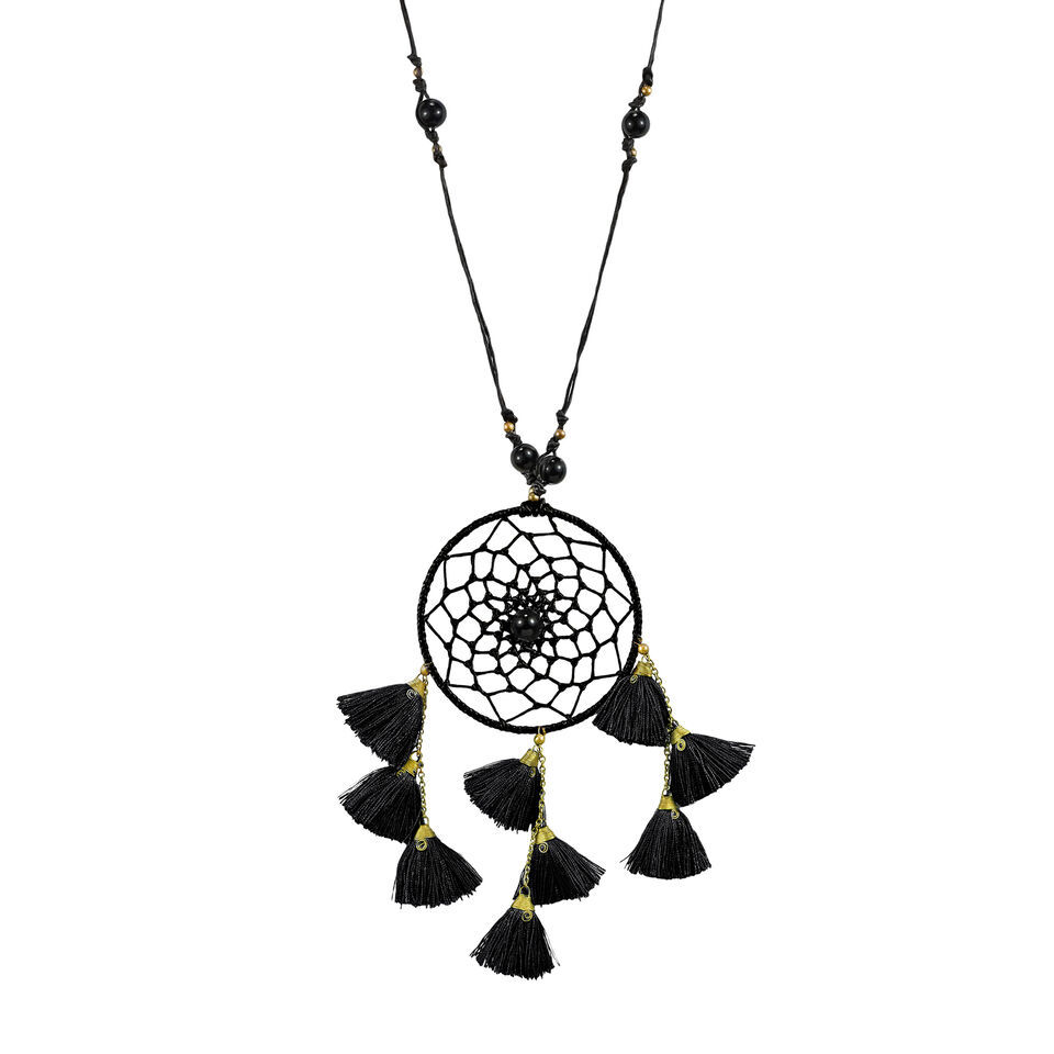 Mystical Dreamcatcher with Simulated Black Onyx Beads & Black Tassel Necklace - £10.89 GBP
