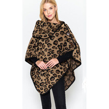 Leopard Print Poncho Buttoned Collar easy to handle &amp; chic Stay warm &amp; hip - £36.77 GBP