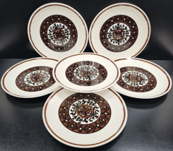 6 Royal Overture Dinner Plates Set Vintage Scrolls Black Brown Retro Dishes Lot - £54.41 GBP