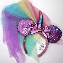 Disney Parks Minnie Mouse Unicorn Sequined Ears Headband Pink Rainbow Tulle Veil - £23.61 GBP